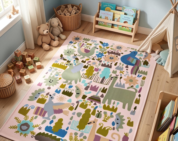 Hand Embroidered Wool Animal Rug: "Jungle Frolic" Wall Decor
