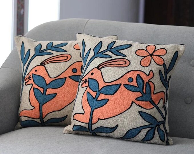 Free Shipping/ 2 pieces / Indian Aari Embroidered Handwoven Cotton Cushion Covers "Forest Deer "Pair