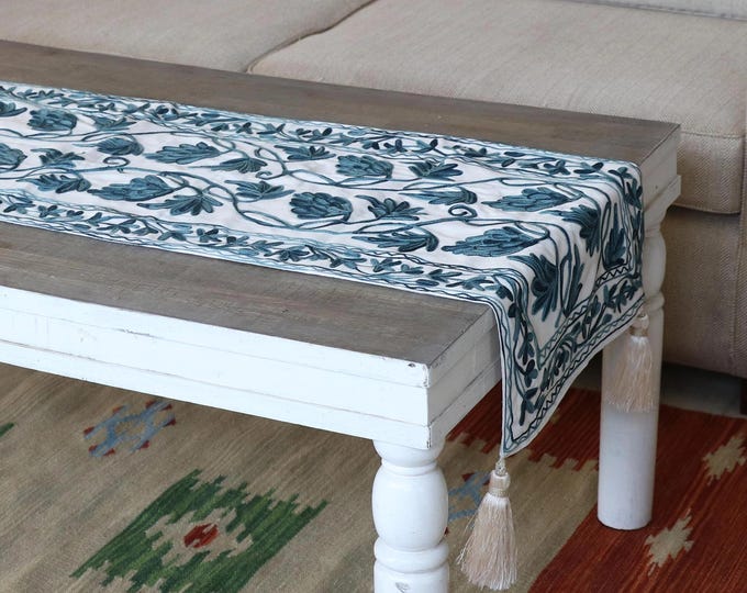 Free Shipping/ Hand Made/ Hand Embroidered/ Table Runner/ Leaf Motif "Kashmir Leaves in Aqua"