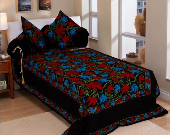Embroidered Bedspread: Cotton Bedcover with Wool Maple Leaf Design