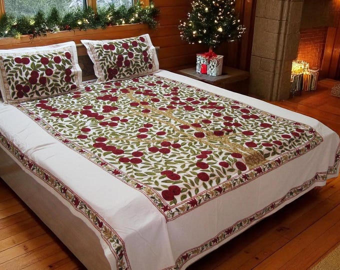 Free Shipping/ Apple Tree Design with 2 pillows Kashmiri Hand Crafted Embroidered Duvet Cover/Bed Sheet/ Linen and Cotton