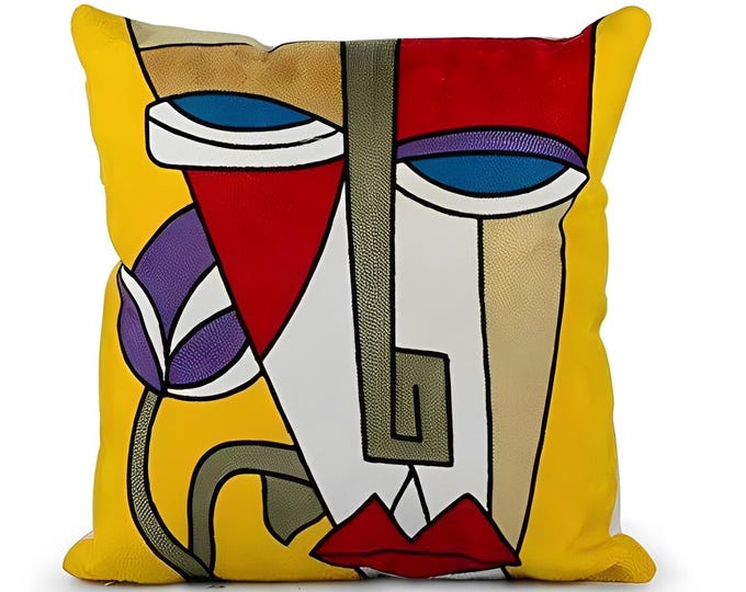 Free Shipping/ 2 pieces / Hand Embroidered "PICASSO" Chain stitch Pillow Cover/ Embroidered Floor Rug/ Wall Rug/ Cotton backing/ One pair
