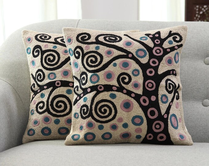 Free Shipping/ 2 pieces only/ Indian Embroidered Cotton Cushion Covers (Pair), "Cheery Tree" One Pair