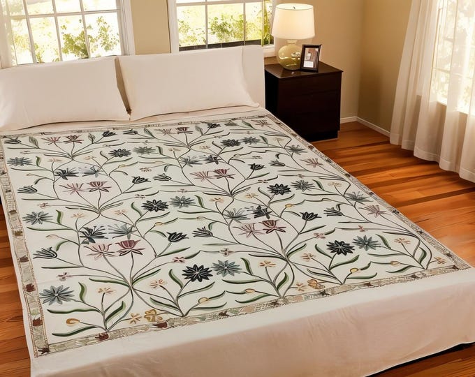 Free Shipping/ Floral Design Kashmiri Aari Embroidered Bed Cover/Duvet cover/ Bedroom Decor/ Pillow covers.