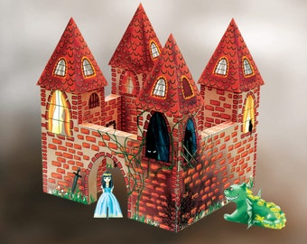 Fairytale Paper Castle kit, downloadable and printable, PDF, papercraft toy for kids, dolls,  princess, prince, knight, dragon, king