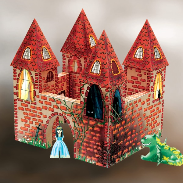 Fairytale Paper Castle kit, downloadable and printable, PDF, papercraft toy for kids, dolls,  princess, prince, knight, dragon, king