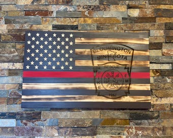 Rustic Wooden American Flag with Red Line - Firefighter Gift