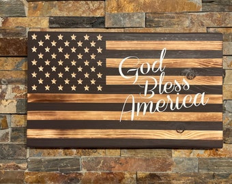 Rustic Wooden American Flag: God Bless America, Carved Stars