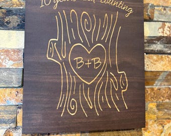 Personalized 10 Year Anniversary Wood Sign | Engraved Tree Trunk Initials Plaque