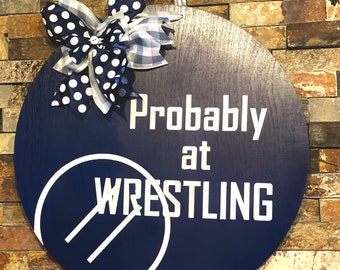 Wrestling Door Hanger: Hand Painted Plywood Decor (17" Diameter)
