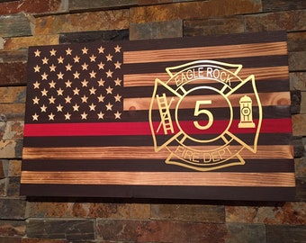 Rustic Wooden American Flag with Red Line - Firefighter Gift