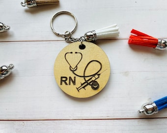 Personalized Nurse Keychain: Engraved Wooden RN Gift