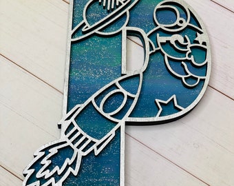 Space Wooden Letter: Laser Cut Nursery Decor, Rocket Monogram