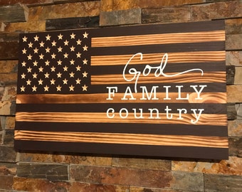 Rustic Wooden American Flag: God, Family, Country - Carved Stars