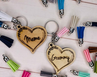 Personalized Wooden Heart Keychain - Engraved Grammy, Gigi, Nana, Memaw