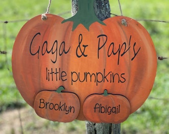 Personalized Grandkids Pumpkin Sign - Fall Decor Door Hanger