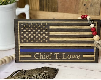 Personalized Thin Blue Line Flag Plaque - Rustic Officer Gift