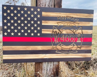 Custom Thin Red Line Wooden American Flag: Engraved Firefighter Gift