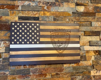 Rustic Wooden American Flag: Correctional Officer Thin Gray Line with engraved logo