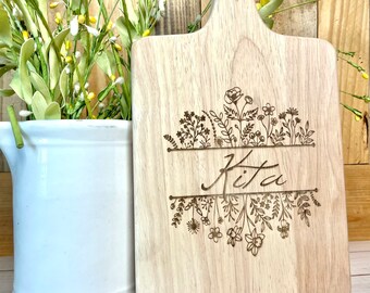 Personalized Floral Charcuterie Board with Handle: Engraved Serving Board