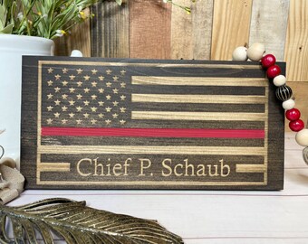 Personalized Thin Red Line Flag Desk Plaque - Engraved Rustic Wood