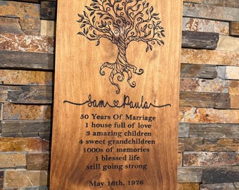 Personalized Family Tree Sign | 50th Anniversary Wood Plaque, Custom Marriage Keepsake