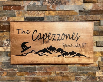 Custom Snowboarding Family Name Sign: Rustic Mountain Home Decor