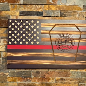 Rustic Wooden American Flag with Red Line - Firefighter Gift- custom patch