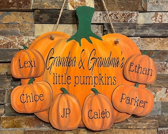 Personalized Grandkids Pumpkin Sign: Fall Door Hanger Decor