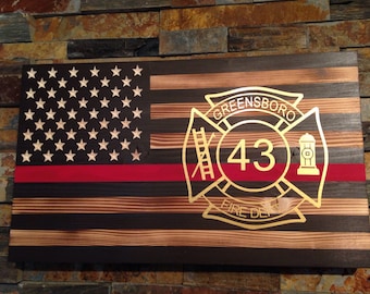 Rustic Flag -Wooden Flag - American Flag - flag with red line - fireman flag- firefighter gift - Vinyl Maltese cross -firefighter graduation