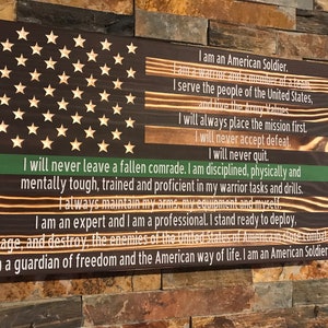 Rustic American Flag - Soldier&#39;s Creed - Thin Green Line - Military Gift