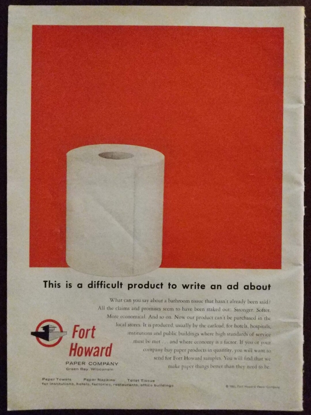 Original 1960s Era Toilet Paper Magazine Advertisement Fort Howard