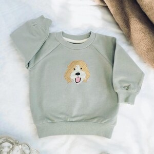 May include: A pale green sweatshirt with a round neck and long sleeves. It has an embroidered dog face with tan fur and a pink tongue. The sweatshirt is made of a soft material, suitable for a child.