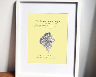 wizard of oz print, nursery art, children's bedroom decor, boy's art, girl's art, lion, lion print, courage, motivational print, book print