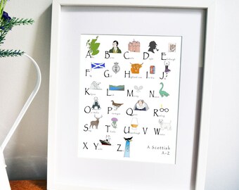 Scottish A-Z, Scottish Alphabet, Alphabet Print, A-Z print, Nursery decor, Nursery print, scottish keepsake, modern art, scottish gift