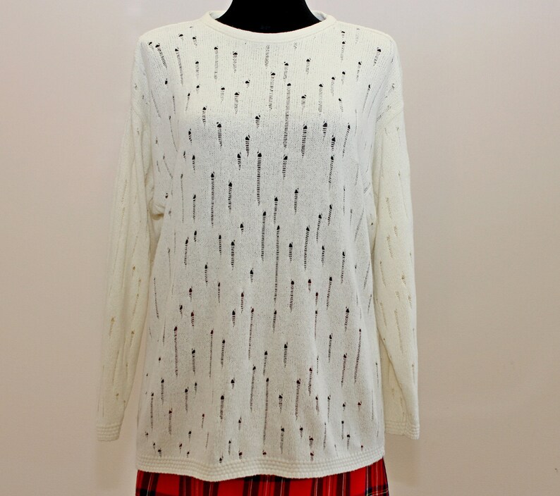 Vintage Women/'s Holes Pullover Vintage Knitted Long Sleeve Pullover Women Hipster Style Jumper White Color Pullover Size Medium