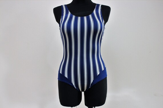 navy blue and white striped swimsuit