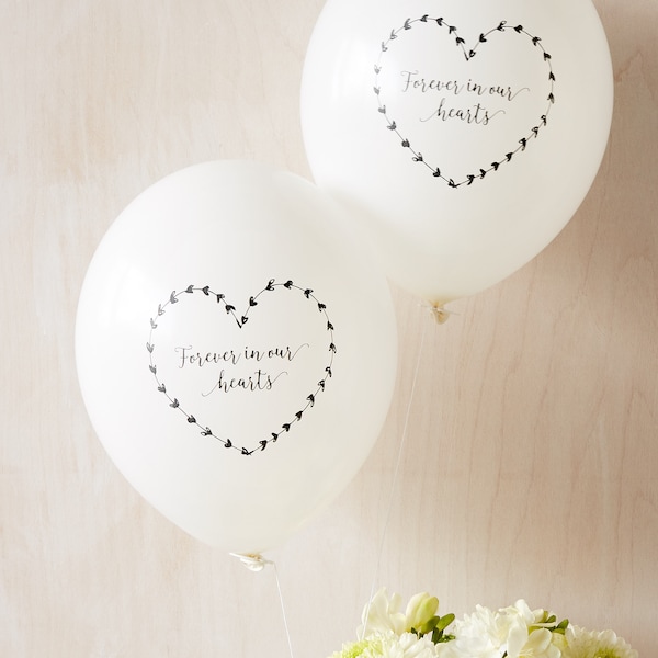 25 White 'Forever In Our Hearts' Funeral Remembrance Balloons. 100% Biodegradable. Celebration of Life, Memorial, Anniversary, Condolence