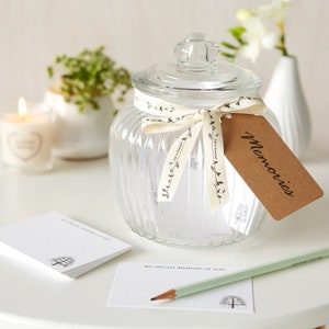 Glass Memory Jar with 50 Remembrance Cards for Funeral, Celebration of Life, Condolence Book, Memorial