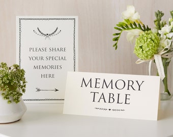 Set of 2 Ivory Card Signs: Please Share Your Special Memories Here & Memory Table - for Funeral Memory Table, Condolence Book