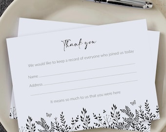 Tarjetas de asistencia a funerales con hojas monocromáticas: memorial, celebración de la vida, recuerdo