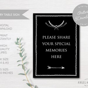INSTANT DOWNLOAD Printable Black &#39;Share Your Special Memories&#39; Sign - For Funeral, Celebration of Life, Memory Table, Condolence Book