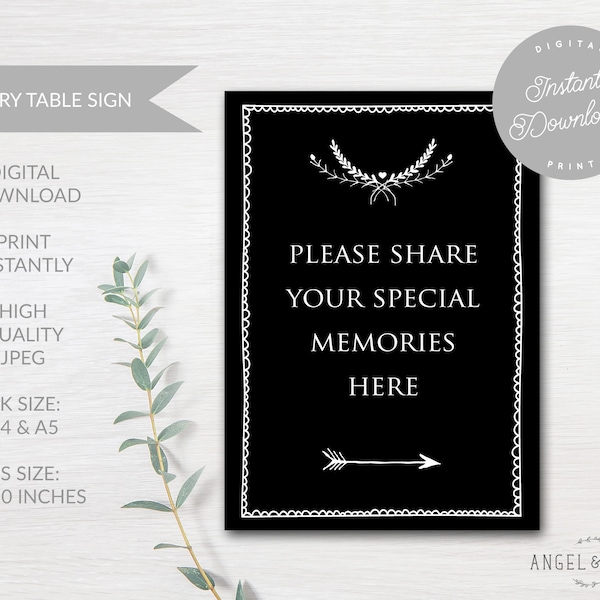 INSTANT DOWNLOAD Printable Black 'Share Your Special Memories' Sign - For Funeral, Celebration of Life, Memory Table, Condolence Book