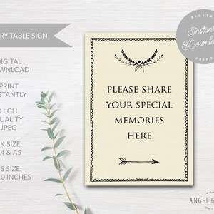 INSTANT DOWNLOAD Printable Ivory &#39;Share Your Special Memories&#39; Sign - For Funeral, Celebration of Life, Memory Table, Condolence Book