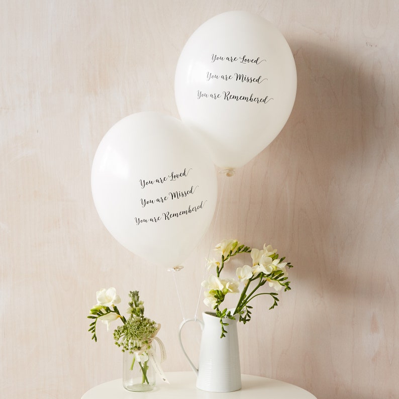 25 White 'You are Loved, Missed, Remembered' Funeral Remembrance Balloons. Biodegradable, Celebration of Life, Memorial image 2