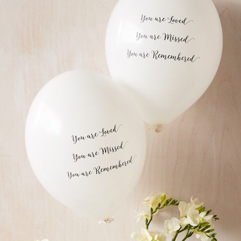 25 White 'You are Loved, Missed, Remembered' Funeral Remembrance Balloons. Biodegradable, Celebration of Life, Memorial image 1
