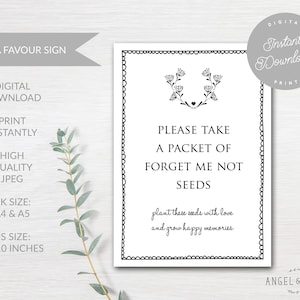 INSTANT DOWNLOAD Printable White &#39;Please Take a Packet of Forget Me Not Seeds&#39; Sign - For Funeral, Celebration of Life, Memorial
