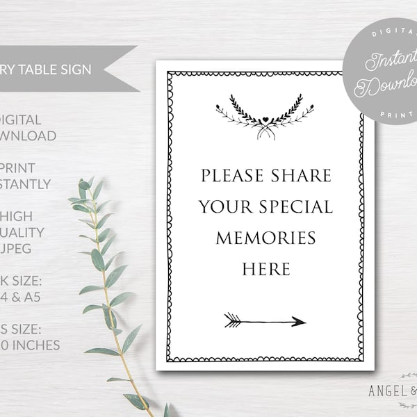 INSTANT DOWNLOAD Printable White 'Share Your Special Memories' Sign - For Funeral, Celebration of Life, Memory Table, Condolence Book