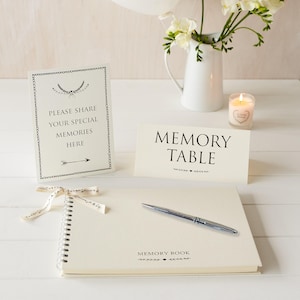 May include: A white table with a white memory book, a silver pen, a white sign that says "Memory Table", and a white sign that says "Please share your special memories here" with an arrow pointing to the right.