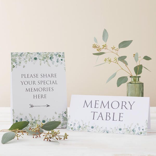 Eucalyptus Funeral Memory Table Signs Set - Memorial, Celebration of Life